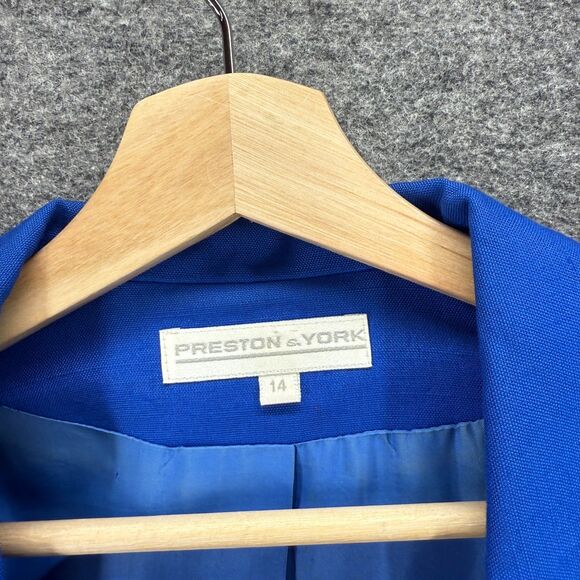 Preston & York Blazer Women 14 Blue One Button Collared Long Sleeve Linen - Picture 3 of 6